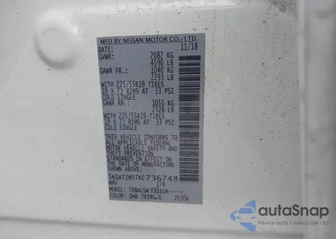 2019 Nissan Rogue Sl z USA, uszkodzony, nr VIN 5N1AT2MT7KC736748